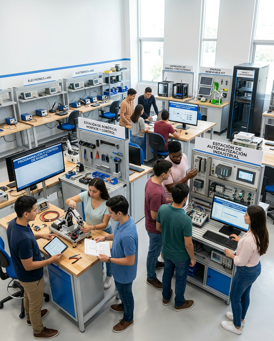 Estudiantes en un laboratorio tecnológico moderno