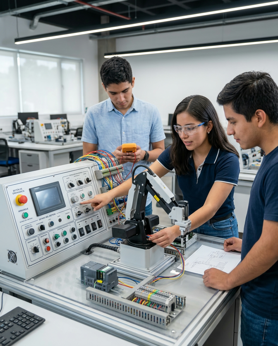 Estudiantes trabajando con equipamiento Festo Didactic