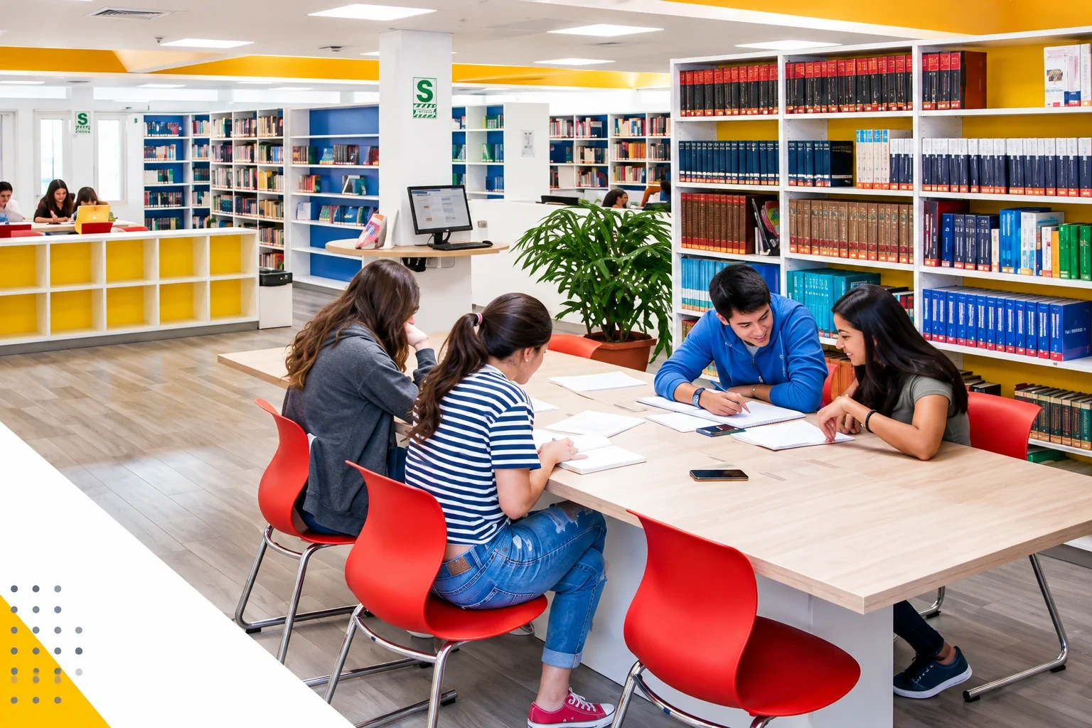 Biblioteca con estudiantes alrededor de una mesa