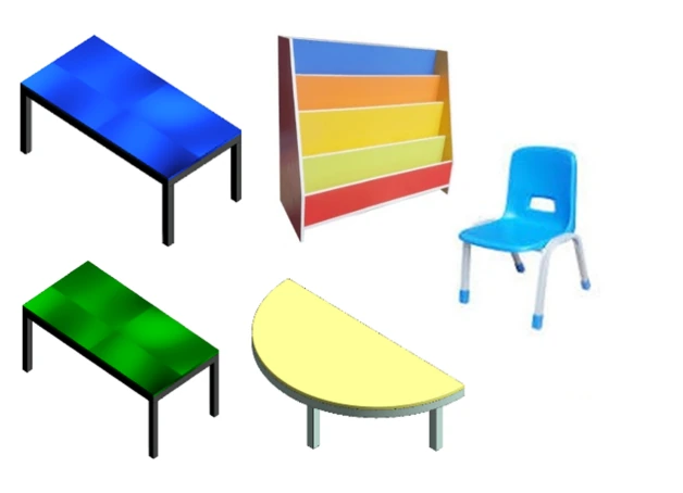 Mobiliario para educación inicial: mesas modulares, estantería y silla