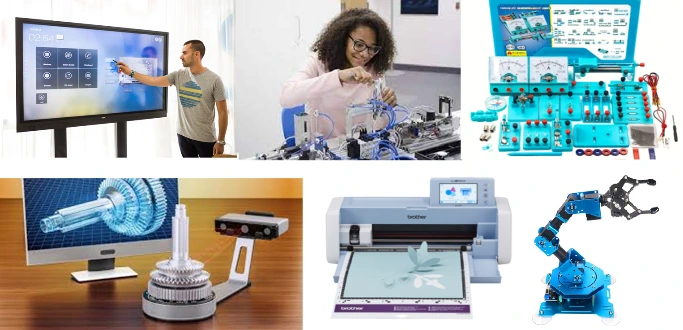 Aula de innovación con pantalla interactiva, robótica e impresión 3D