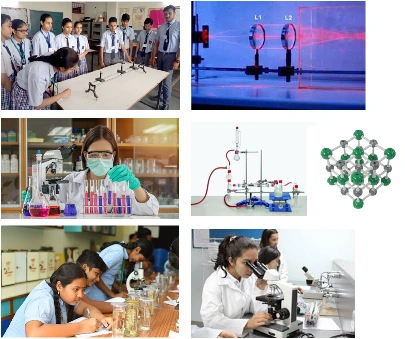 Laboratorios de ciencias con estudiantes y equipos