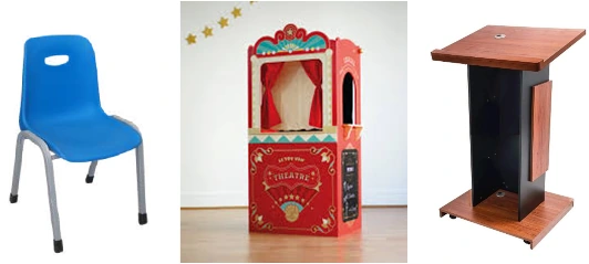 Silla apilable, teatrín escolar y atril